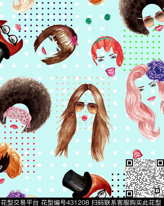 卡通美女手绘数码印花华亿平台下载（图片编号: 431208） - 瓦栏（Walan）