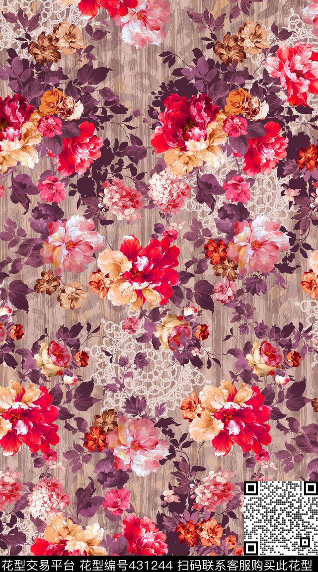花卉欧式复古蕾丝传统印花华亿平台下载（图片编号: 431244） - 瓦栏（Walan）