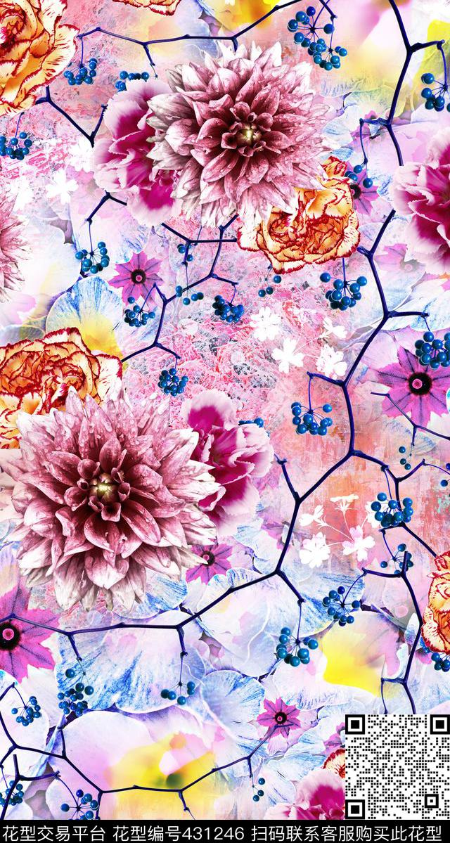 花卉枝条果子数码印花华亿平台下载（图片编号: 431246） - 瓦栏（Walan）