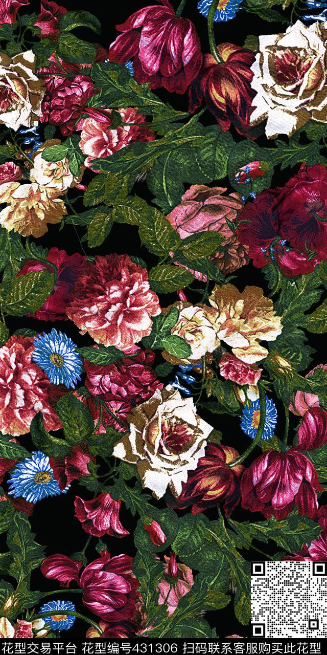 大气手绘油画花数码印花华亿平台下载（图片编号: 431306） - 瓦栏（Walan）