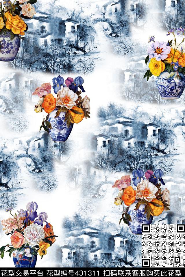 花瓶花卉水墨民居现代中国风数码印花华亿平台下载（图片编号: 431311） - 瓦栏（Walan）