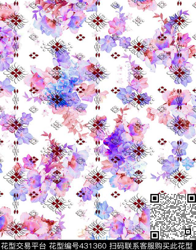 清新花卉彩色粉色清新水彩花卉时尚钉珠组合数码印花华亿平台下载（图片编号: 431360） - 瓦栏（Walan）