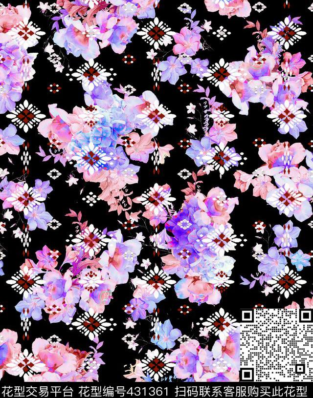 清新花卉彩色粉色清新水彩花卉时尚钉珠组合数码印花华亿平台下载（图片编号: 431361） - 瓦栏（Walan）