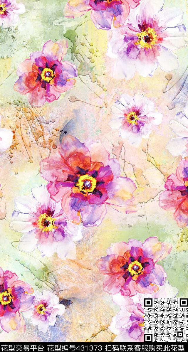 水彩花卉油画数码印花华亿平台下载（图片编号: 431373） - 瓦栏（Walan）