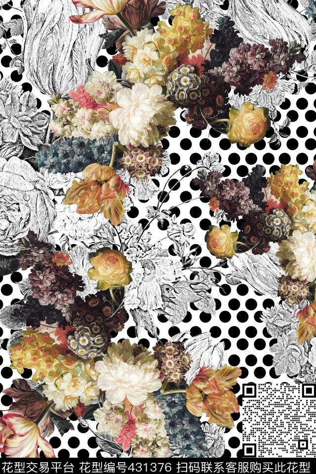 复古黑白经典数码印花华亿平台下载（图片编号: 431376） - 瓦栏（Walan）