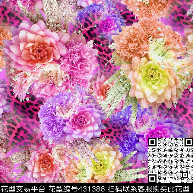 豹纹鲜花数码印花华亿平台下载（图片编号: 431386） - 瓦栏（Walan）