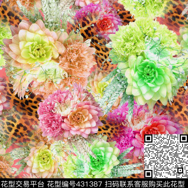 豹纹鲜花艳丽数码印花华亿平台下载（图片编号: 431387） - 瓦栏（Walan）