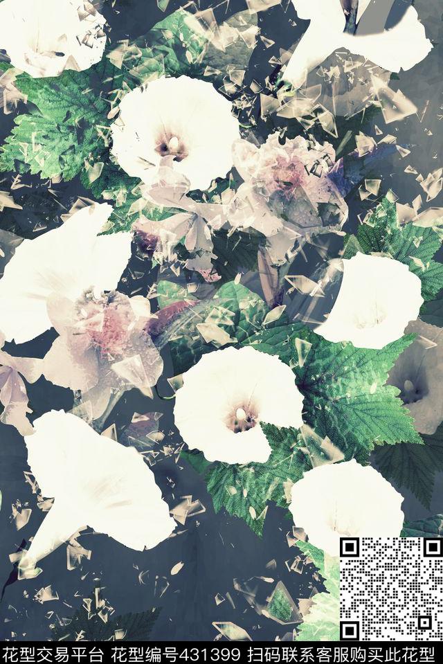 玻璃飞溅效果兰花牵牛花数码印花华亿平台下载（图片编号: 431399） - 瓦栏（Walan）