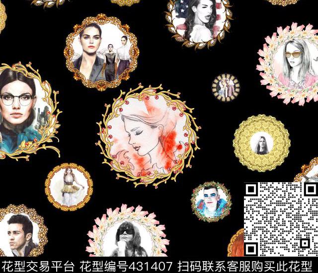 笔刷复古复古手绘水彩时尚人物数码印花华亿平台下载（图片编号: 431407） - 瓦栏（Walan）