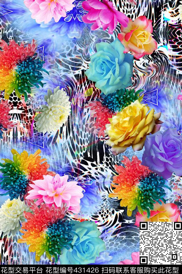 花卉玫瑰花彩虹菊数码印花华亿平台下载（图片编号: 431426） - 瓦栏（Walan）