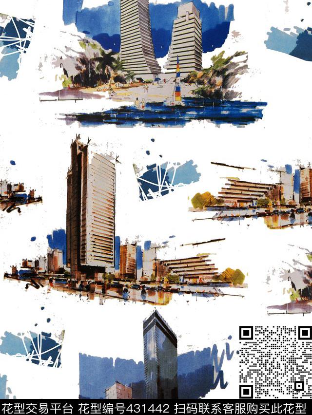 手绘建筑时尚数码印花华亿平台下载（图片编号: 431442） - 瓦栏（Walan）