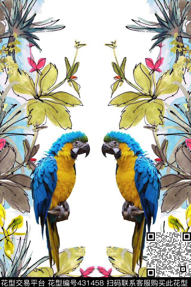 手绘花鹦鹉休闲风T恤图案数码印花华亿平台下载（图片编号: 431458） - 瓦栏（Walan）