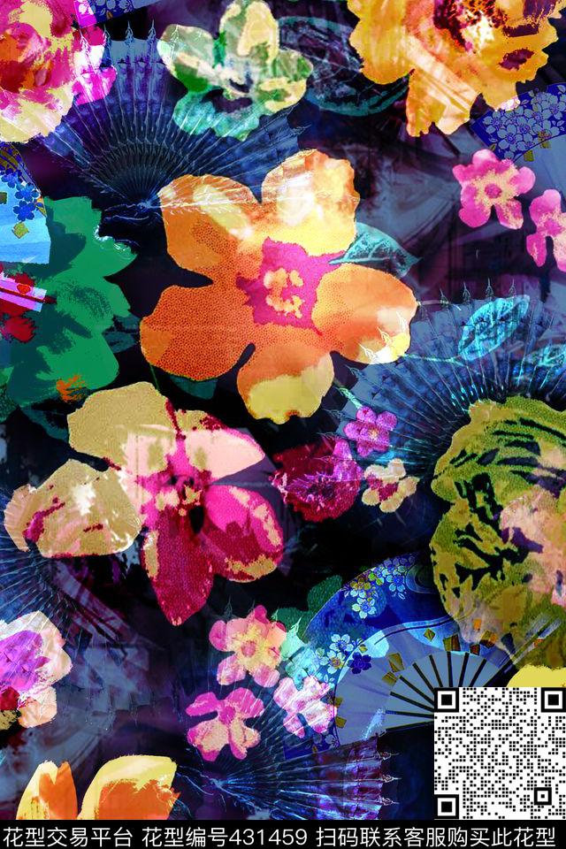 时尚优雅扇子花卉数码印花华亿平台下载（图片编号: 431459） - 瓦栏（Walan）