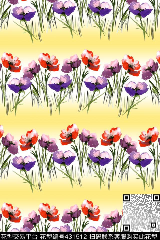 休闲风水彩小花渐变浅色数码印花华亿平台下载（图片编号: 431512） - 瓦栏（Walan）