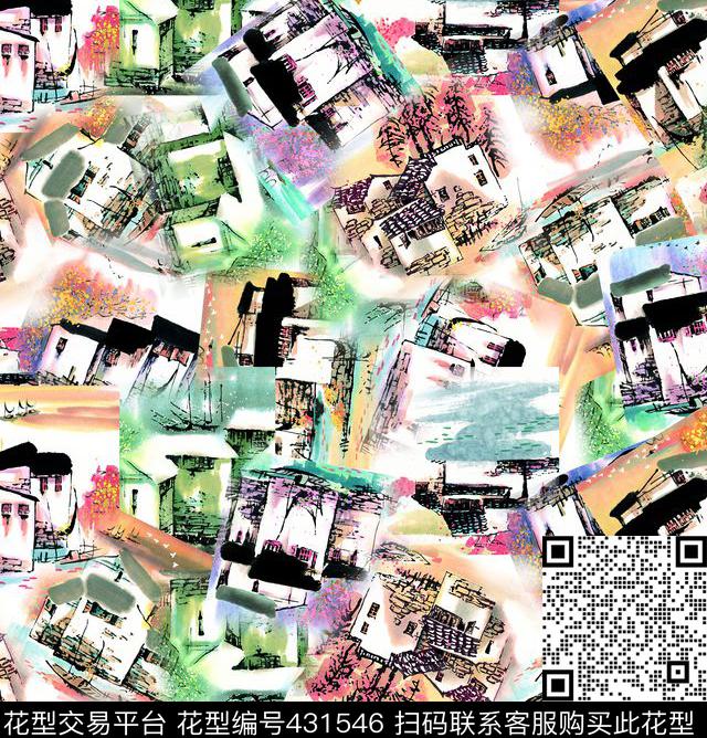 房子流行时尚水墨色彩数码印花华亿平台下载（图片编号: 431546） - 瓦栏（Walan）