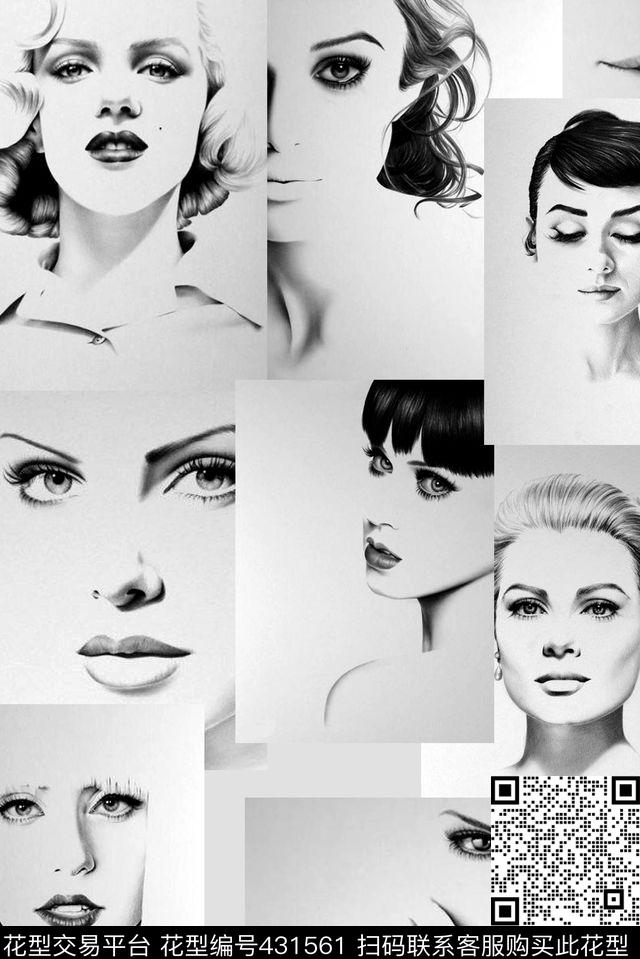 黑白手绘明星大牌数码印花华亿平台下载（图片编号: 431561） - 瓦栏（Walan）