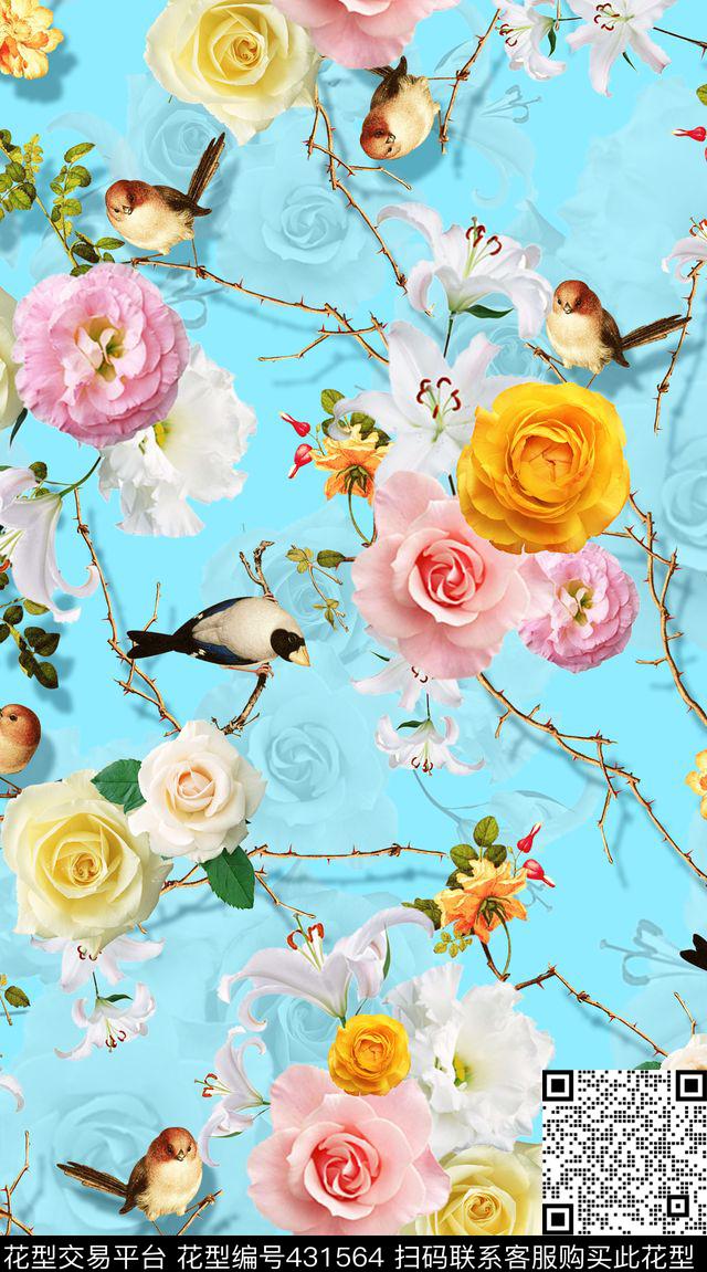 花卉清新树枝与鸟服装.清新F-S服装（花卉）数码印花华亿平台下载（图片编号: 431564） - 瓦栏（Walan）