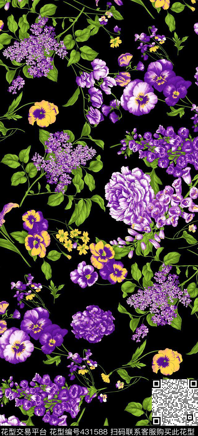 百合花喇叭花蝴蝶花传统印花华亿平台下载（图片编号: 431588） - 瓦栏（Walan）