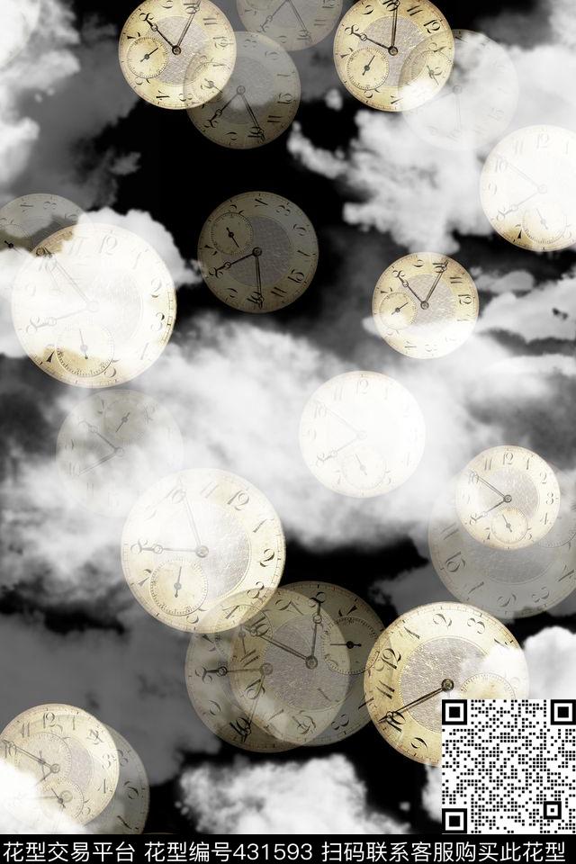 复古云时钟数码印花华亿平台下载（图片编号: 431593） - 瓦栏（Walan）