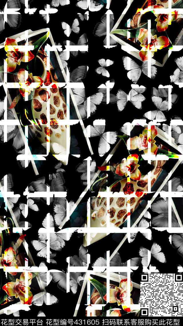 休闲格子蝴蝶数码印花华亿平台下载（图片编号: 431605） - 瓦栏（Walan）