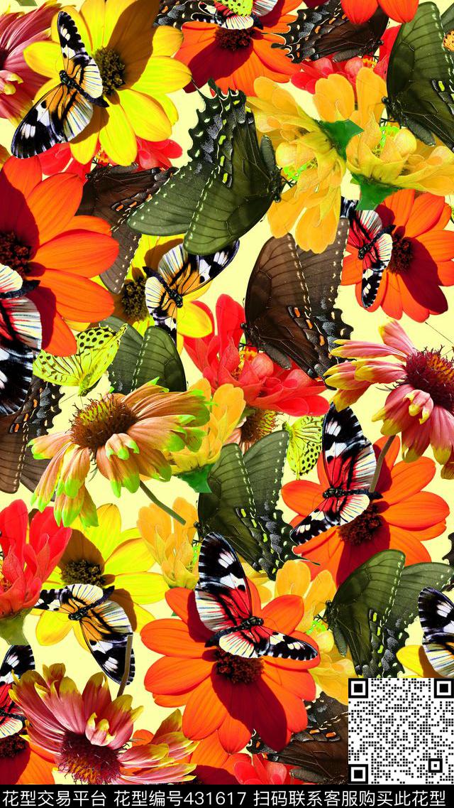 蝴蝶花卉清新数码印花华亿平台下载（图片编号: 431617） - 瓦栏（Walan）