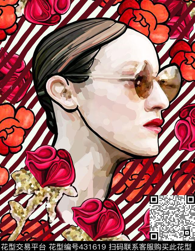 波普花卉艺术头像传统印花华亿平台下载（图片编号: 431619） - 瓦栏（Walan）