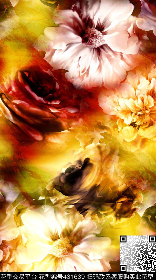 抽象油画花油画花抽象花纹数码印花华亿平台下载（图片编号: 431639） - 瓦栏（Walan）