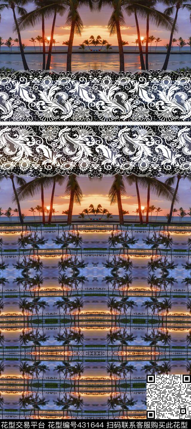 热带风情海洋主题蕾丝数码印花华亿平台下载（图片编号: 431644） - 瓦栏（Walan）