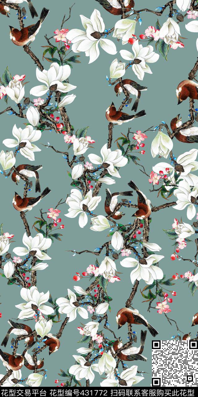 清爽手绘玉兰花鸟数码印花华亿平台下载（图片编号: 431772） - 瓦栏（Walan）