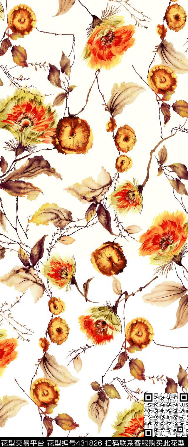 写意手绘花朵花卉数码印花华亿平台下载（图片编号: 431826） - 瓦栏（Walan）