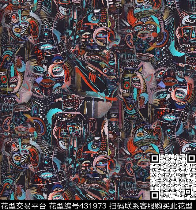 抽象非洲部落手绘人物数码印花华亿平台下载（图片编号: 431973） - 瓦栏（Walan）