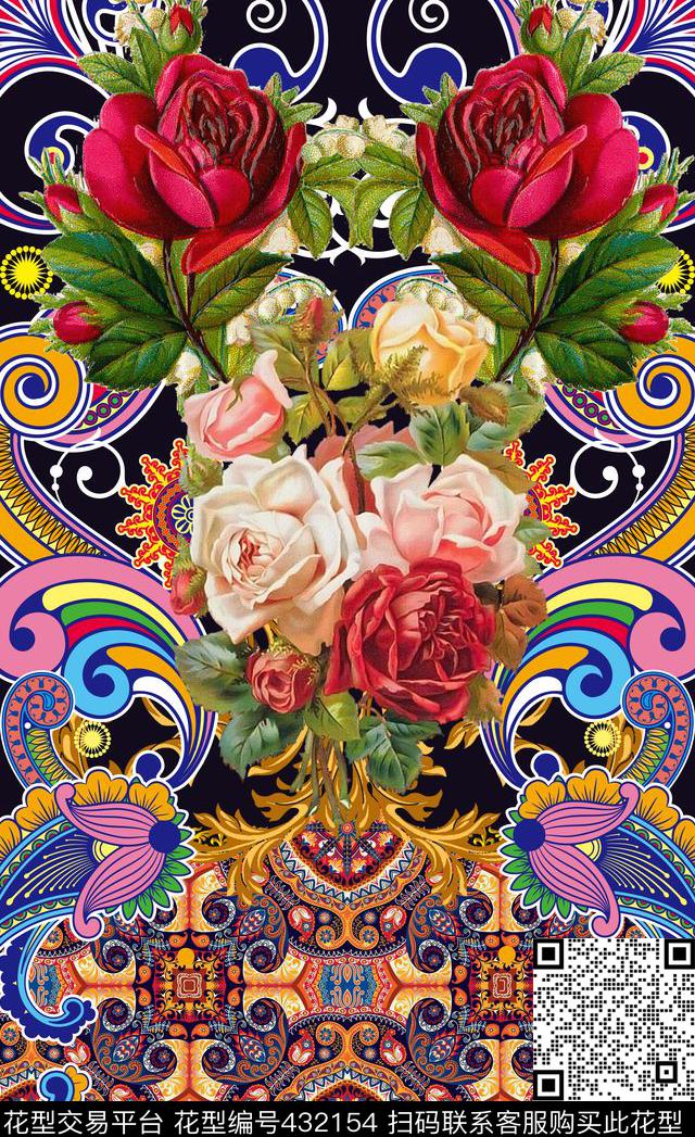 定位花卉玫瑰花数码印花华亿平台下载（图片编号: 432154） - 瓦栏（Walan）
