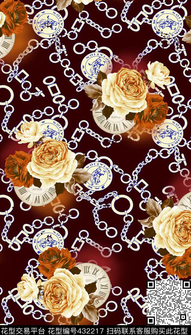 复古花卉时钟传统印花华亿平台下载（图片编号: 432217） - 瓦栏（Walan）