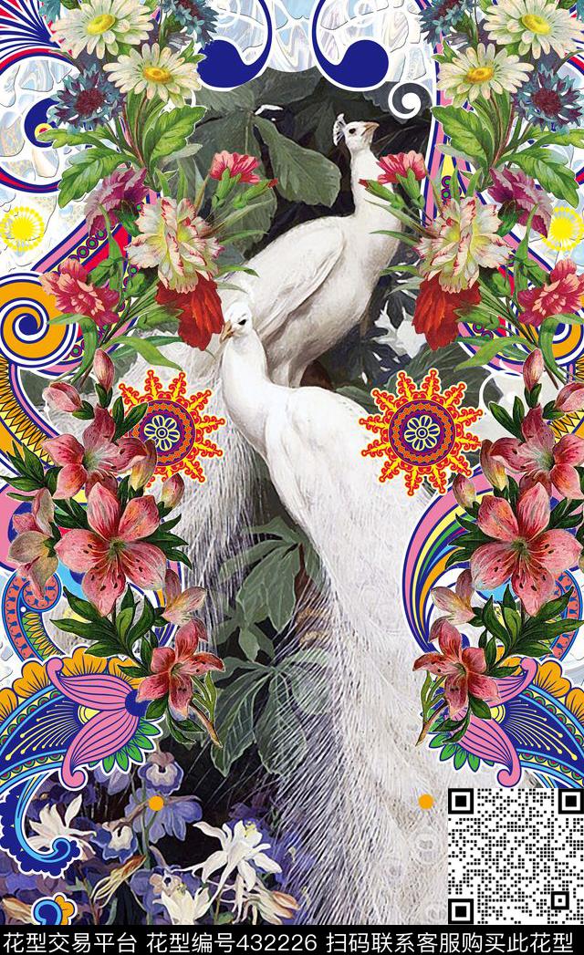 定位复古花卉孔雀数码印花华亿平台下载（图片编号: 432226） - 瓦栏（Walan）