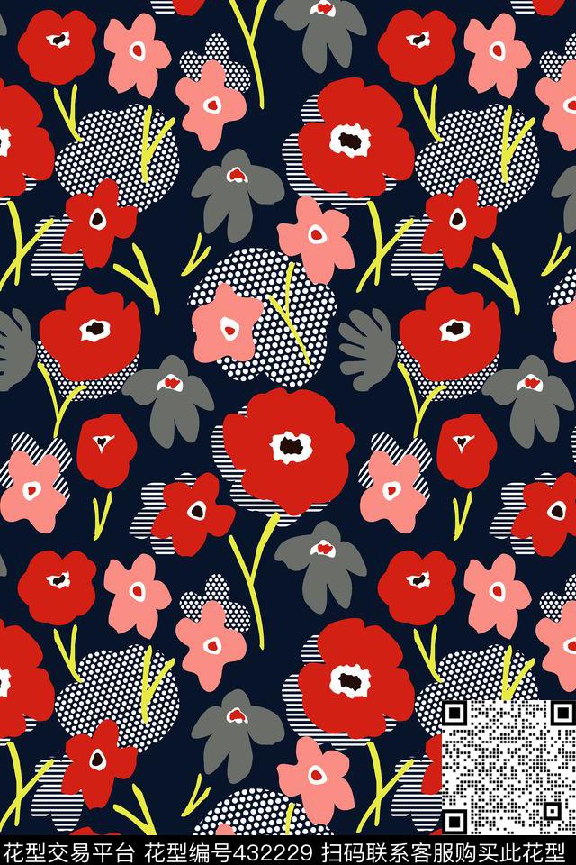 传统小花几何圆点线条花卉传统印花华亿平台下载（图片编号: 432229） - 瓦栏（Walan）