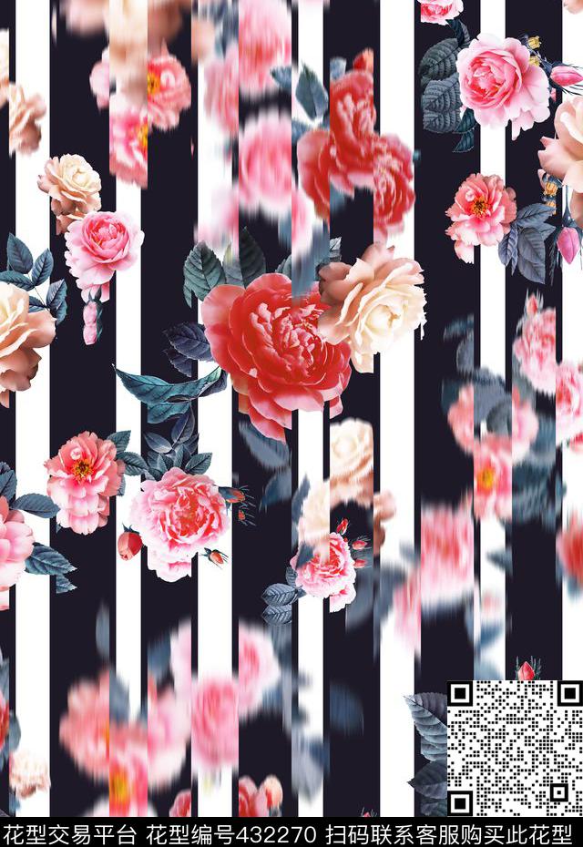 神秘浪漫女性化月季条格竖条模糊对比错位数码印花华亿平台下载（图片编号: 432270） - 瓦栏（Walan）