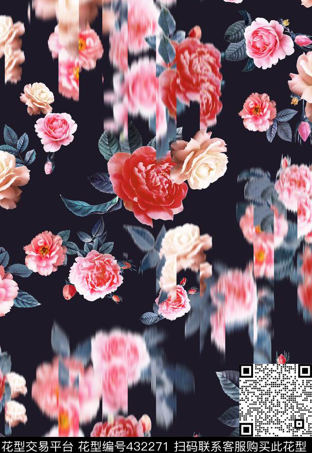 神秘浪漫女性化月季条格竖条模糊对比错位数码印花华亿平台下载（图片编号: 432271） - 瓦栏（Walan）