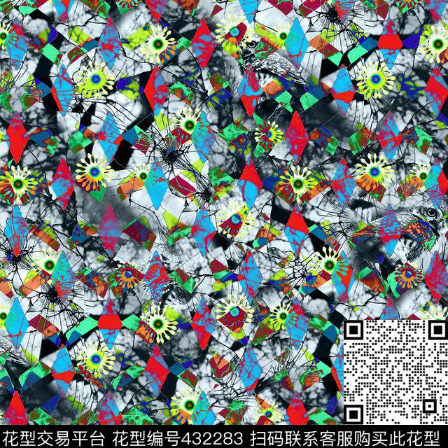 抽象风格玻璃碎片手绘猫头鹰数码印花华亿平台下载（图片编号: 432283） - 瓦栏（Walan）