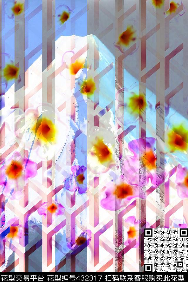 景观风景抽象前卫远山雪山水彩花条格几何错位叠加数码印花华亿平台下载（图片编号: 432317） - 瓦栏（Walan）