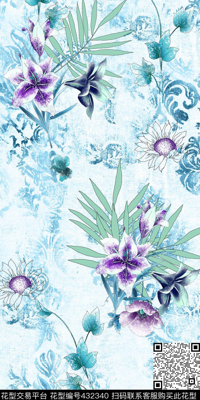 清新欧式百合花卉欧式淡雅底纹数码印花华亿平台下载（图片编号: 432340） - 瓦栏（Walan）