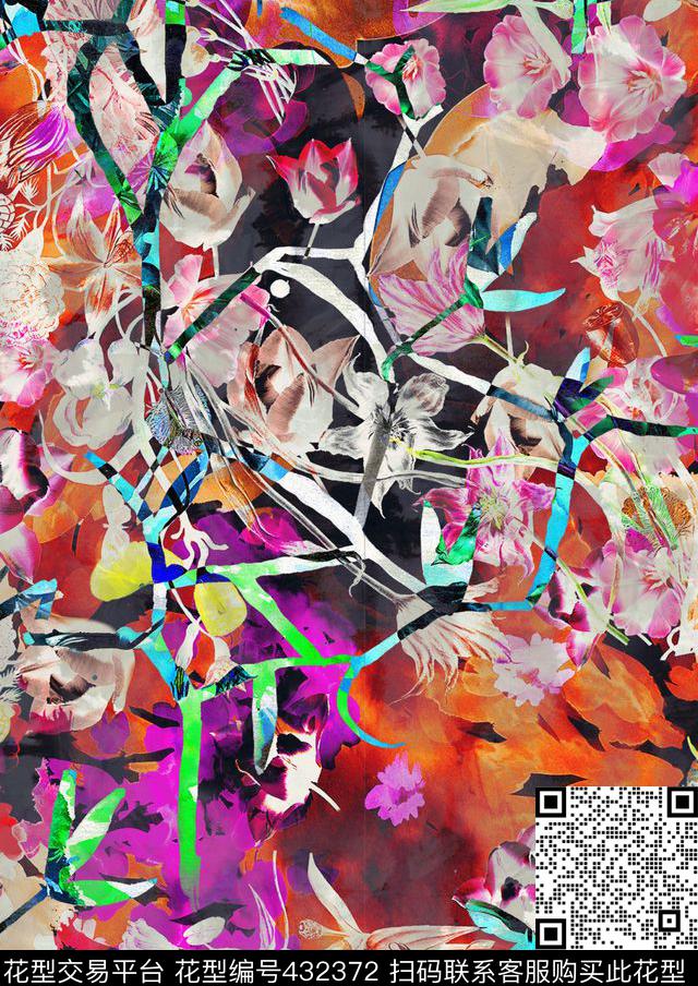 潮流复古花朵数码印花华亿平台下载（图片编号: 432372） - 瓦栏（Walan）