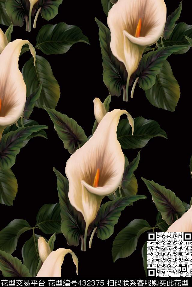 多绿叶花卉手绘数码印花华亿平台下载（图片编号: 432375） - 瓦栏（Walan）