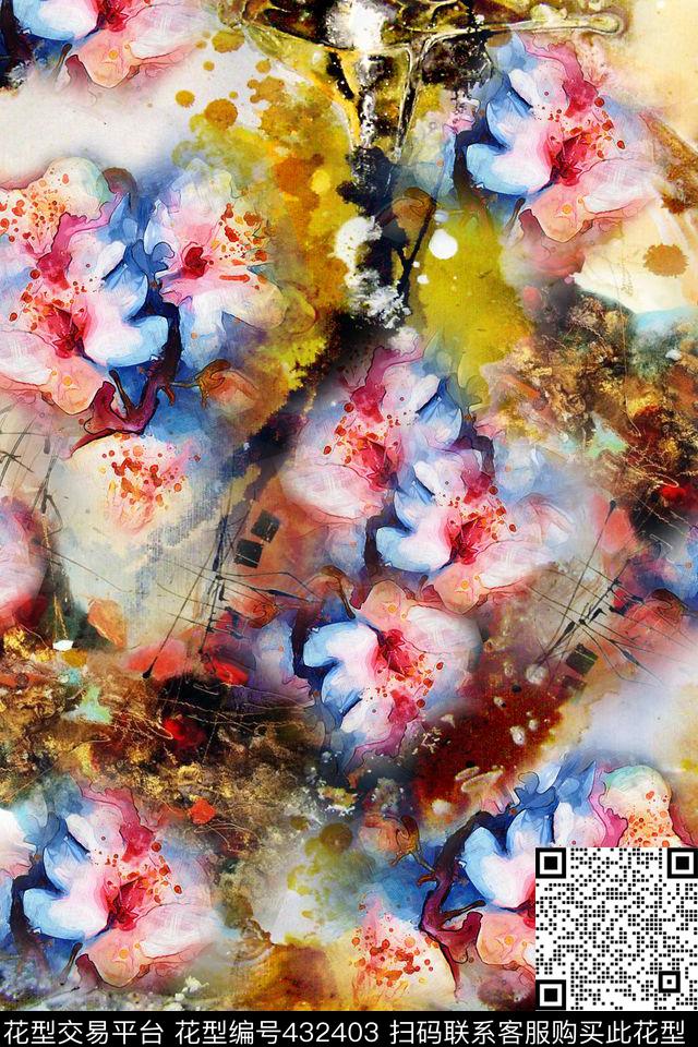 蝴蝶花水墨花卉油画肌理数码印花华亿平台下载（图片编号: 432403） - 瓦栏（Walan）