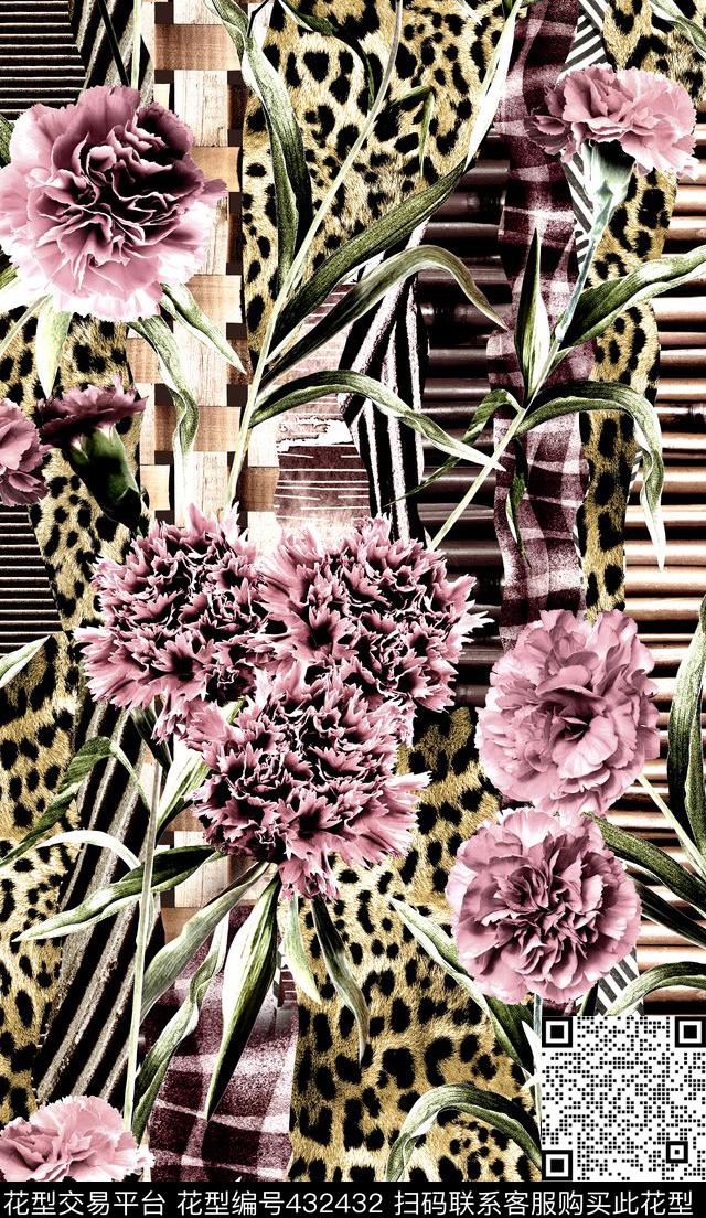 时尚豹纹康乃馨数码印花华亿平台下载（图片编号: 432432） - 瓦栏（Walan）