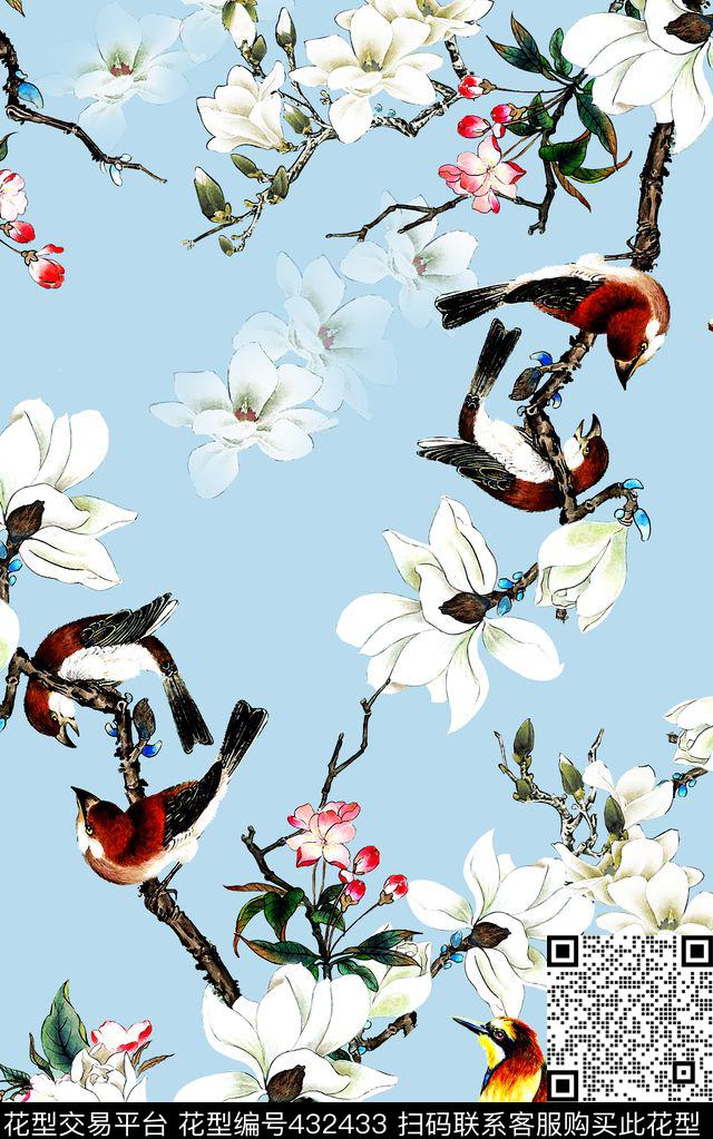 中国风白玉兰鸟数码印花华亿平台下载（图片编号: 432433） - 瓦栏（Walan）