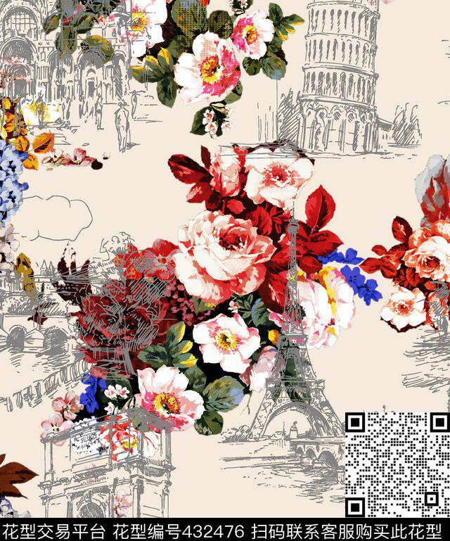 欧洲风花卉手绘速写欧式风格建筑花卉油画效果数码印花华亿平台下载（图片编号: 432476） - 瓦栏（Walan）
