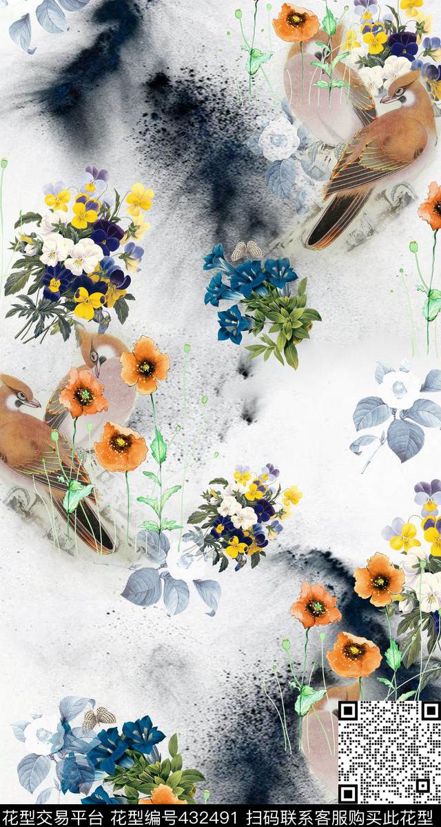 工笔花鸟水墨中国风数码印花华亿平台下载（图片编号: 432491） - 瓦栏（Walan）