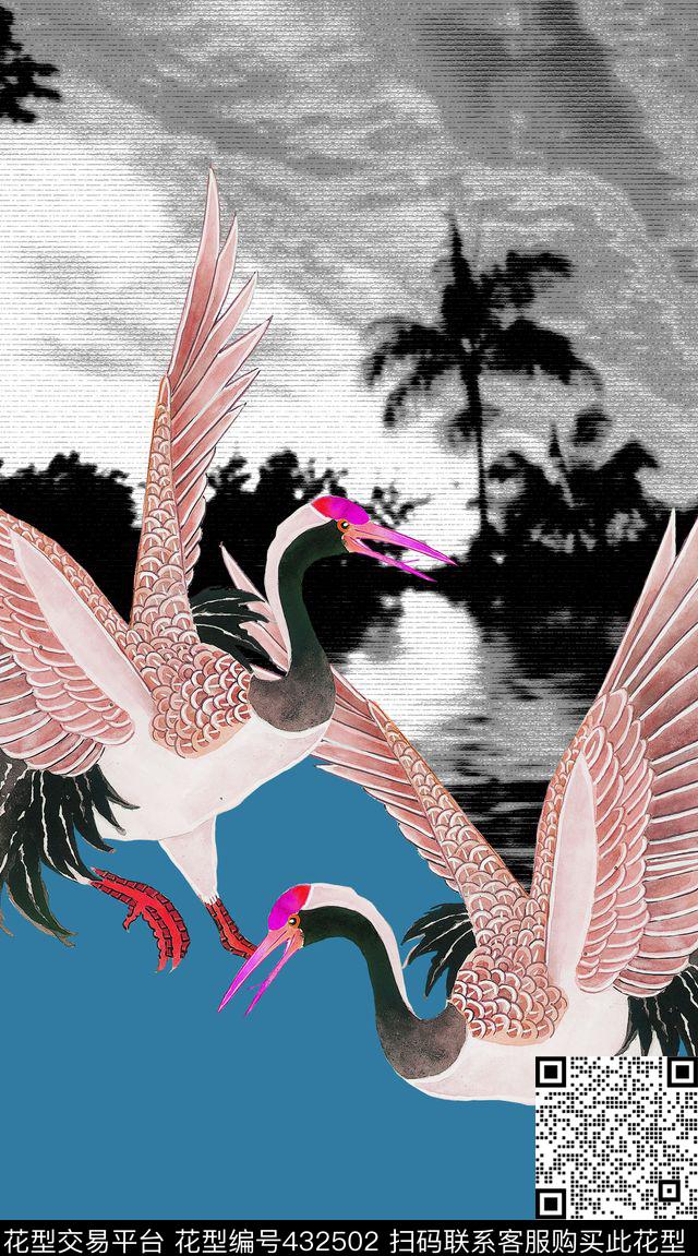 大气定位中国画手绘仙鹤页数风景、蓝数码印花华亿平台下载（图片编号: 432502） - 瓦栏（Walan）
