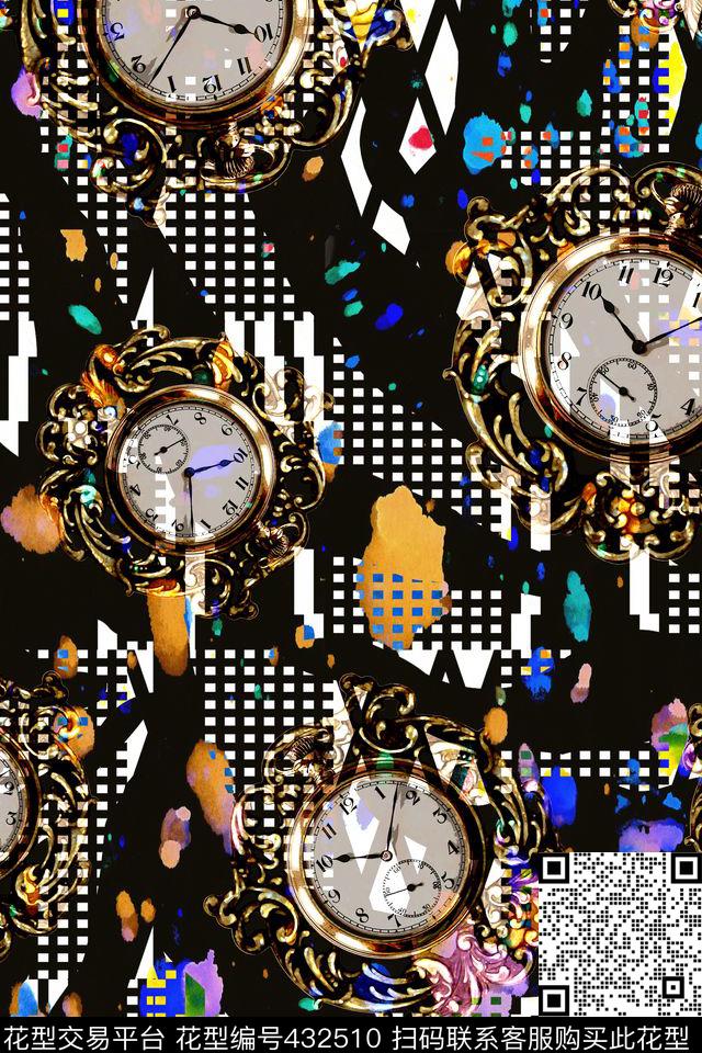 休闲几何钟表数码印花华亿平台下载（图片编号: 432510） - 瓦栏（Walan）