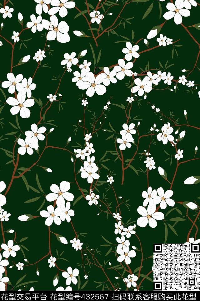 女装手绘暗绿底小碎梅花绿底小碎梅花流行时尚花卉传统印花华亿平台下载（图片编号: 432567） - 瓦栏（Walan）